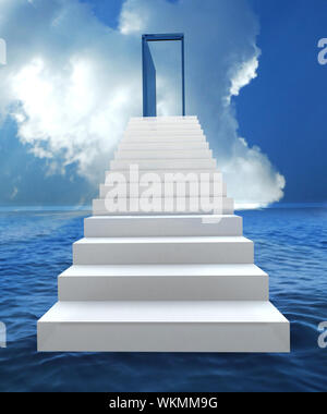Staircase with open door to a semi cloudy blue sky. 3D illustration Stock Photo