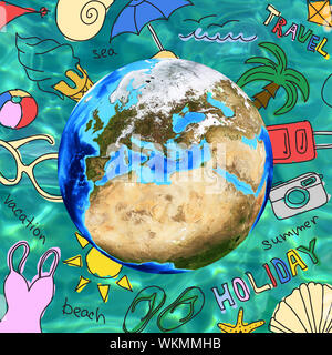 Colored summer sketches around Earth. Turquoise water surface in the pool as backdrop. Elements of this image are furnished by NASA Stock Photo