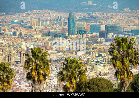 Barcelona, Spain - February 22, 2019 - Mirador de Colom (Christopher Columbus Monument) as viewed from Monjuic Castle. It is a famous landmark in the Stock Photo