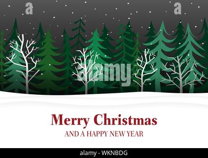 Merry Christmas and Happy New Year greeting card with snowy landscape and woods vector illustration Stock Vector