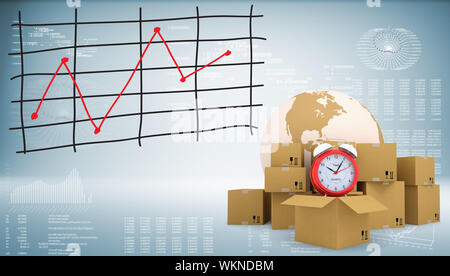 Earth, alarm clock, cardboard boxes with graph of price changes. Graphs and texts as backdrop Stock Photo