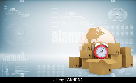 Earth with alarm clock, cardboard boxes. Graphs and texts as backdrop Stock Photo