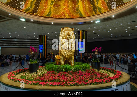 Las Vegas, Nevada / USA – May 11, 2019: The MGM Lion in the main lobby of the MGM Grand Hotel and Casino in Las Vegas, Nevada.