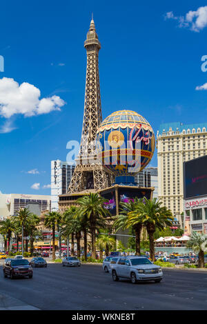 Las Vegas, NV / USA – May 11, 2019: The Paris Las Vegas Hotel and Casino with a replica of the Eiffel Tower is located at 3655 S Las Vegas Blvd, Las V