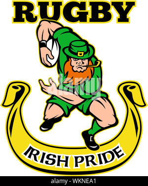 illustration of a cartoon Irish leprechaun rugby player running with ball wearing hat isolated on white background with scorll and words 'Irish Pride Stock Photo