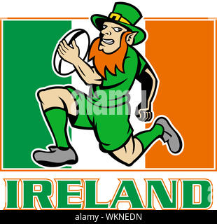 illustration of a cartoon  Irish leprechaun or rugby player running with ball wearing hat with flag of  Ireland in background Stock Photo