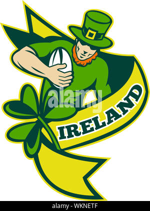 illustration of an Irish rugby player running with ball wearing leprechaun hat with shamrock or clover leaf and scroll with words 'Ireland' Stock Photo