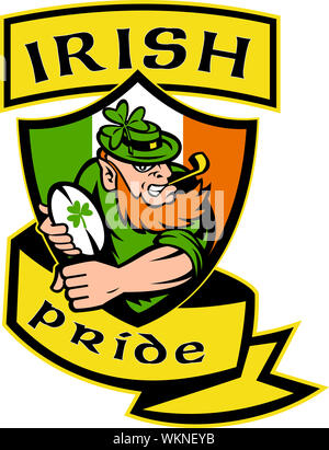 illustration of an Irish leprechaun or rugby player running with ball wearing hat with shamrock or clover leaf  and shield flag of Ireland and words ' Stock Photo