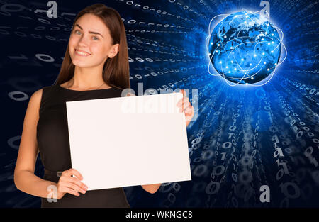 Businesswoman holding paper sheet. Glowing figures and Earth as backdrop. Elements of this image are furnished by NASA Stock Photo