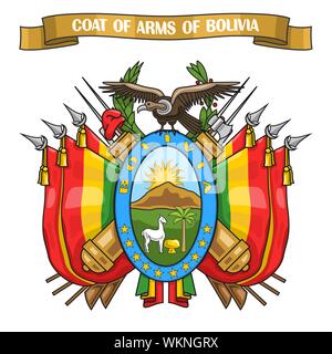 Vector illustration on theme of Bolivian Coat of Arms, heraldic shield with national state flags and symbol of Bolivia - condor, on ribbon lettering c Stock Vector