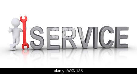 3d person with a wrench is standing beside a SERVICE word Stock Photo