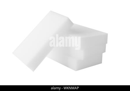 Melamine sponges isolated on white background. The concept of house cleaning and surfaces cleaning. Stock Photo