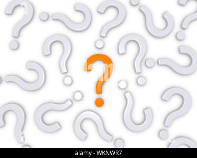 3d question marks on the ground but one is different Stock Photo