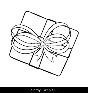 Birthday present hand drawn vector illustration. Special occasion, anniversary celebration outline symbol. Gift box with ribbon bow top view colouring picture. Christmas, b day attribute Stock Vector