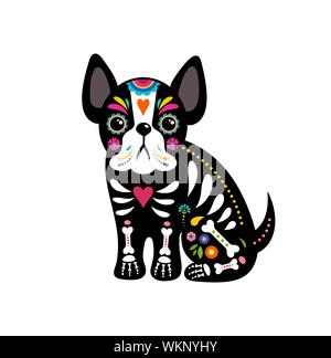 Day of the dead, Dia de los moertos, dogs skull and skeleton decorated with colorful Mexican elements and flowers. Fiesta, Halloween, holiday poster Stock Vector