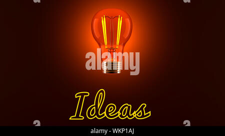Conceptual 3D rendered illustration of a shining light bulb and the neon lit word Ideas. Stock Photo