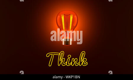 Conceptual 3D rendered illustration of a shining light bulb and the neon lit word Think. Stock Photo