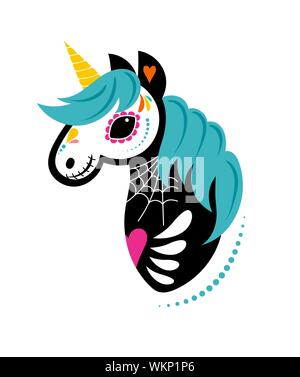 Day of the dead, Dia de los muertos, Unicorn skull and skeleton decorated with colorful Mexican elements and flowers. Fiesta, Halloween, holiday Stock Vector