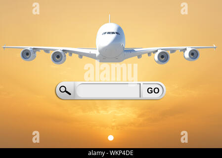 Search bar in browser. Airplane on background of beautiful sunset Stock Photo