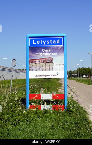 Lelystad, Flevoland, the Netherlands - May 4, 2018: City entrance sign of Dutch city of Lelystad. Stock Photo