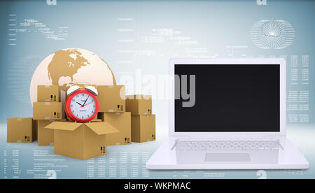Earth with alarm clock and cardboard boxes. Open laptop. Transportation concept Stock Photo