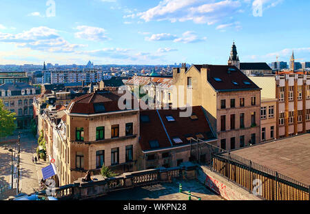 Brussels / Belgium - July 8, 2019: Panoramic view of Brussels city from the square next to Palace de Justice in Marolles. Stock Photo