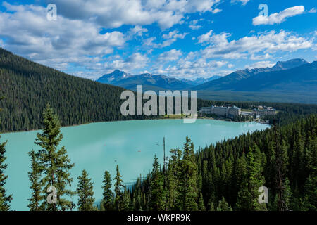 Aerial view of the beautiful Fairmont Chateau Lake Louise and Lake Louise at Banff, Canada Stock Photo