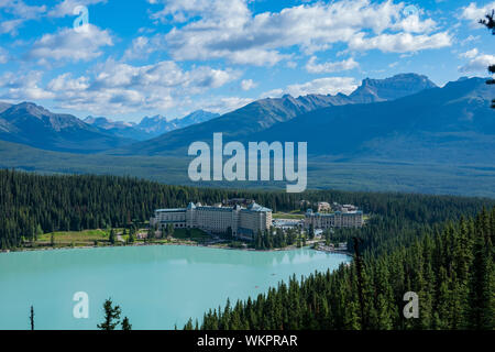 Aerial view of the beautiful Fairmont Chateau Lake Louise and Lake Louise at Banff, Canada Stock Photo