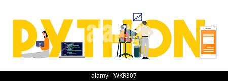 Python programming language word of software developer. Computer script team working. Vector illustration Stock Vector