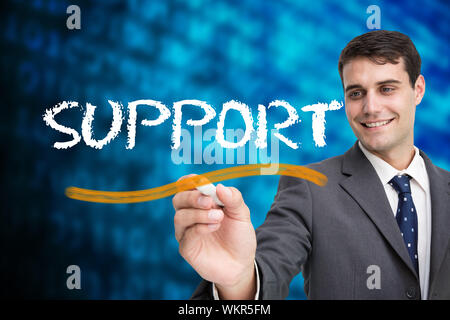 Businessman writing the word support against shiny blue binary code on black background Stock Photo
