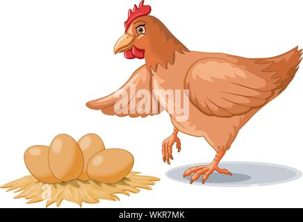 Hen and some fresh eggs. Vector illustration. Stock Vector