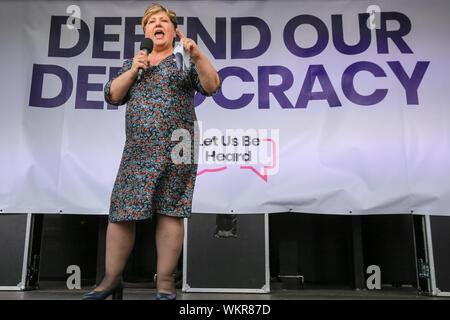 Westminster, London, 04th Sep 2019. Emily Thornberry, Labour front bencher. Politicians speak passionately on stage. speaks at the People's Vote Rally in Parliament Square, Westminster, with the aim to get a final vote on Brexit. Many of the speakers shortly afterwards rush into Parliament to cast their votes in another round of crucial Brexit related decisions to be taken. Credit: Imageplotter/Alamy Live News Stock Photo