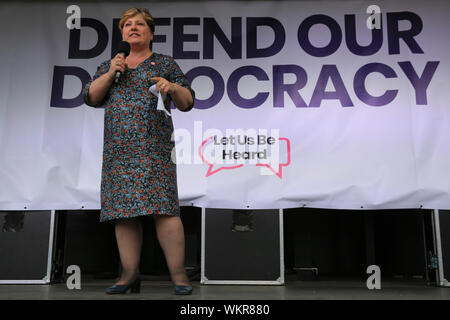 Westminster, London, 04th Sep 2019. Emily Thornberry, Labour front bencher. Politicians speak passionately on stage. speaks at the People's Vote Rally in Parliament Square, Westminster, with the aim to get a final vote on Brexit. Many of the speakers shortly afterwards rush into Parliament to cast their votes in another round of crucial Brexit related decisions to be taken. Credit: Imageplotter/Alamy Live News Stock Photo