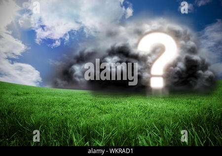 Composite image of question mark in cloud against green field under blue sky Stock Photo