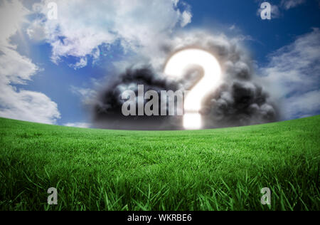 Composite image of question mark in cloud against green field under blue sky Stock Photo