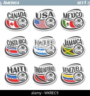 Vector set of Flags American Countries with Soccer ball. Stock Vector