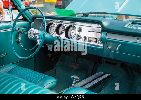 Interior view of a 1964 Chevrolet Chevelle Malibu SS automobile on display at a classic car show in Matthews, North Carolina. Stock Photo