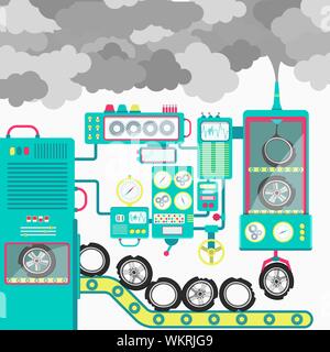 Factory showing the tires being turned into polluting smoke. Conceptual illustration. Stock Vector