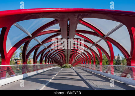 Morning view of the famous red Peace Bridge at Calgary, Canada Stock Photo