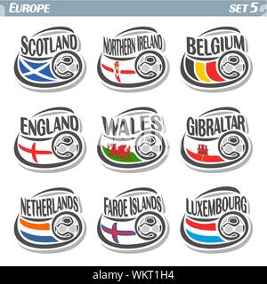Vector logo for European football flags, isolated national state flags with soccer balls. Stock Vector
