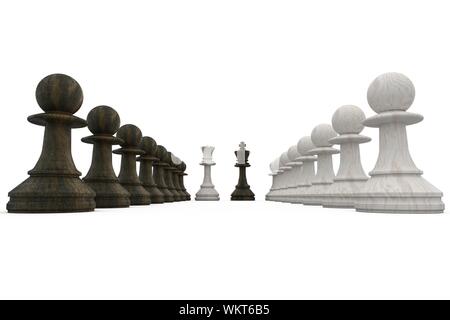 Wooden chess pieces facing off on white background Stock Photo