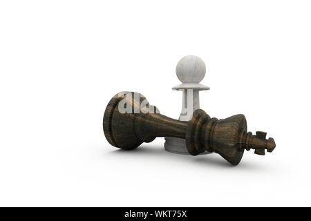 White pawn standing over fallen black king on white background Stock Photo