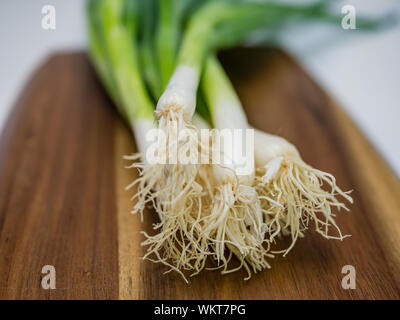 Close-up of bunch of spring onions laying on brown wooden board. Selective focus. Stock Photo