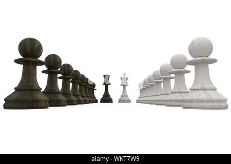 Wooden chess pieces facing off on white background Stock Photo