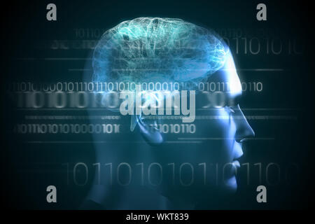 Digitally generated brain interface in blue with binary code Stock Photo