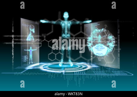 Digitally generated medical interface in blue and black Stock Photo