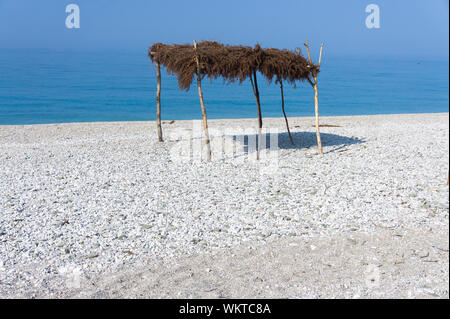 Straw canopy on the beach. Borsh Albania Stock Photo