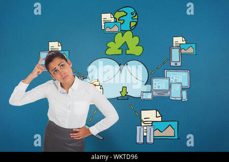 Worried businesswoman against cloud computing doodle Stock Photo