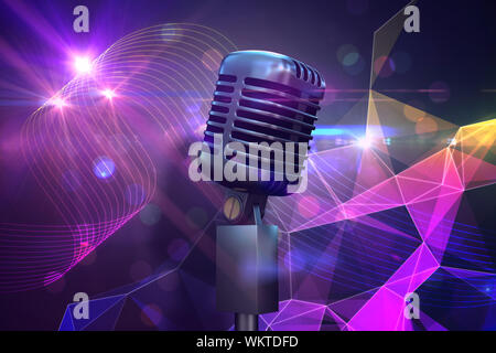 Retro chrome microphone against digitally generated music symbol design Stock Photo