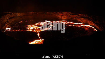 Panorama of Erta Ale volcano crater, melting lava, Danakil depression, Ethiopia Stock Photo